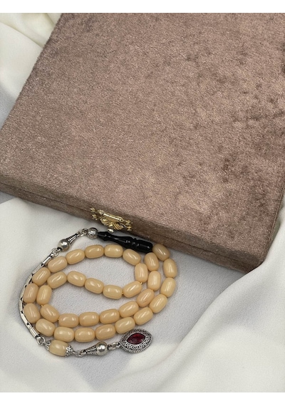 El Boy Alpaka Püsküllü Beyaz Hamur Sıkma Kehribar Tesbih 7x11 Mm