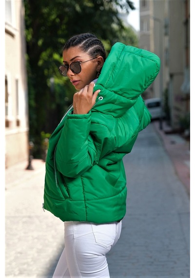 Keyifli Moda Kadın Yeşil Su Geçirmez Kapüşonlu Şişme Mont