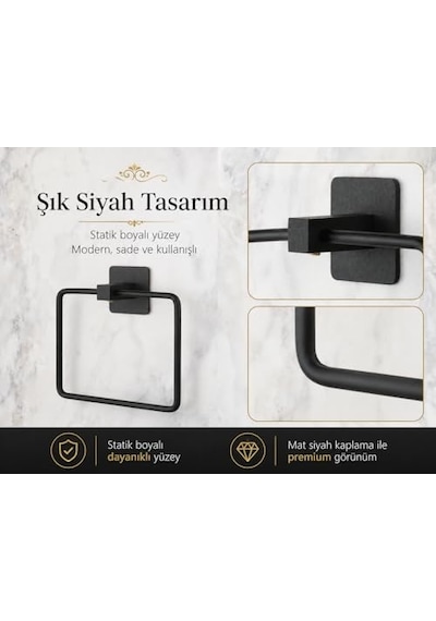 Siyah Kare Havluluk, Yapışkanlı Ve Vidalı Montajlı Duvara Monte Havlu Askısı, Mat Siyah Banyo Aksesuarı 12 Izgara