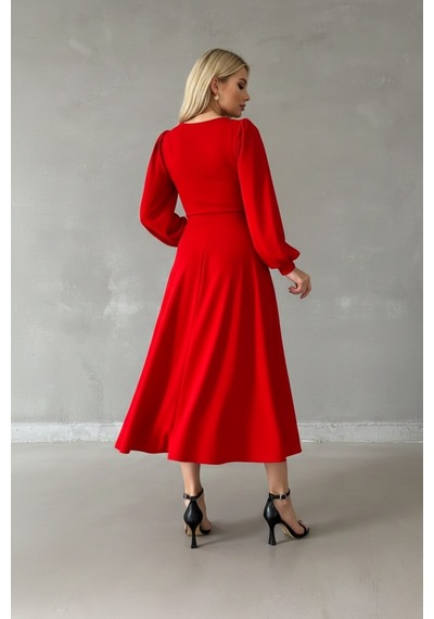 Defymoda Kadın Gün Boyu Rahat Midi Elbise Kırmızı