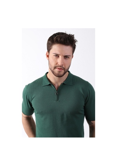 Ferraro Yeşil Polo Yaka Fermuarlı Erkek Pamuk Triko T-Shirt-Yeşil (417942963) Yeşil