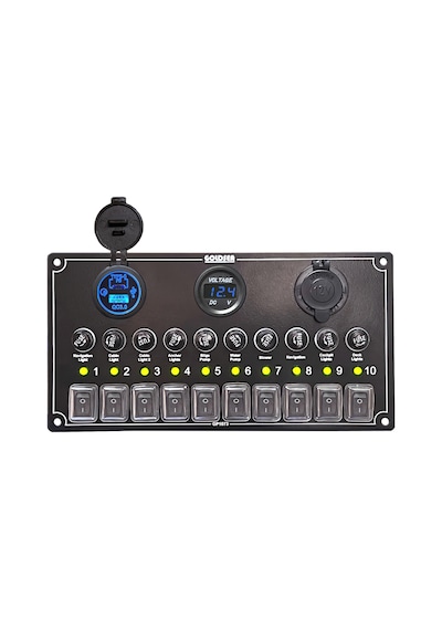 Switch Panel 10 Lu Usb-c + Voltmetre + Şarj Soketli 12-24v 125x24 Siyah