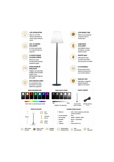 Standy Kablosuz Rgb Led Lambader Krem