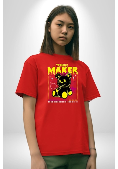 Baş Belası Teddy Pamuklu Bisiklet Yaka Unisex Oversize Boyfriend Dijital Baskılı Kırmızı T-shirt Kırmızı