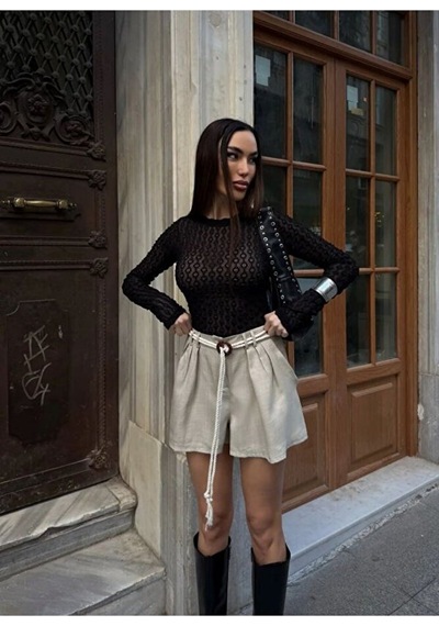 Nido Moda Kadın Örgü Kemerli Pileli Mini Şort Bej