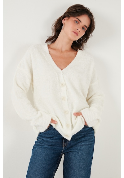 Lela Oversize Fit Düğmeli V Yaka Uzun Kollu Triko Bayan Hırka 4616232 Taş