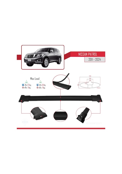 Nissan Patrol Y62 2011 Ve Sonrası İle Uyumlu Fly Model Ara Atkı Tavan Barı Siyah 3 Adet Bar