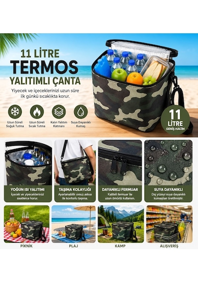 Termal Çanta Termos El Çantası Buzluk Piknik Çantası 11 Lt Soğutucu Çanta Haki