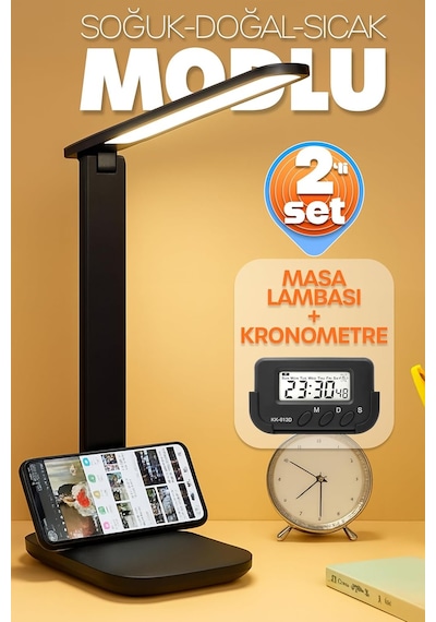 2li Set Şarjlı Masa Lambası + Kronometreli Öğrenci Saati Mod Ayarlı Ders Çalışma Okuma Lambası 7032s Diğer