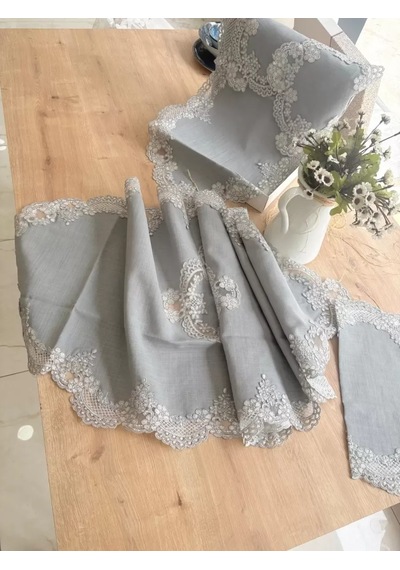Çeyizlik Firuze Model Gri 5 Parça Keten Dantelli Salon Takımı Runner Seti No 486745