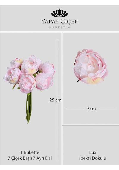 Pembe Premium Yapay Peony Şakayık Çiçeği Buketi 7 Dallı Lüx İpeksi Dokulu 25 Cm