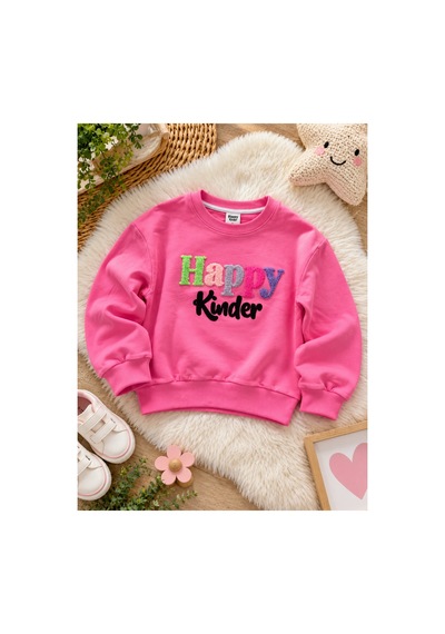 Uğur Bebe %100 Pamuk Kız Çocuk Eşofman Takımı Pembe Gri Happy Kinder Baskılı Sweatshirt Jogger Alt Spor Takım Pembe Pembe