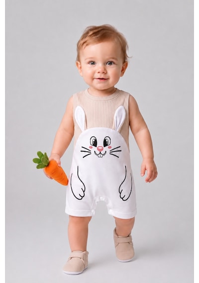 Babyden's Erkek Bebek Tavşan Desenli Yazlık Tulum Fitilli Pamuklu Kolsuz Bebek Tulumu Çıtçıtlı Romper 0-9 Ay Bej