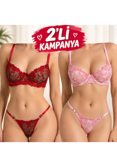 Kadın Bralet Dantel İç Çamaşırı 2 Li Set Kırmızı Ve Pembe Özel Kampanya Paketi