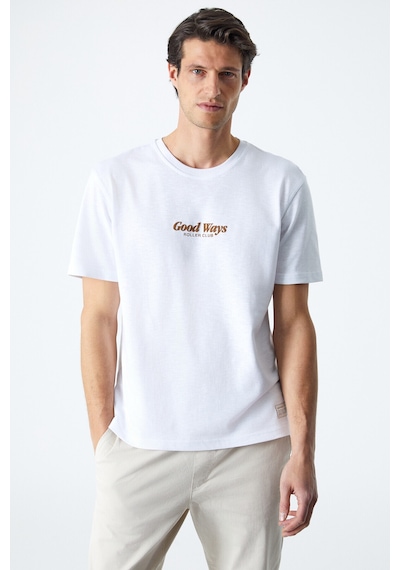 Grimelange Roll Erkek Baskı Detaylı %100 Organik Pamuklu Comfort Fit Beyaz T-shirt Beyaz