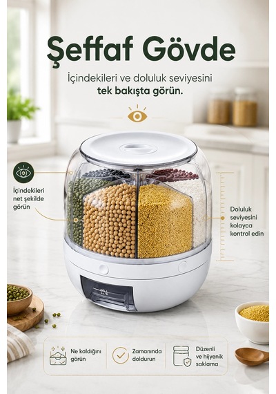 Çok Bölmeli Bakliyat Ve Kuru Gıda Saklama Kabı Döner Sistemli Ölçülü Dağıtıcılı Çok Renkli