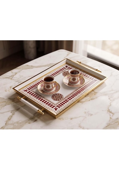 Dijital Baskılı Cam Servis Tepsisi Sedef Motifli, Metal Kulplu 46x28 Cm
