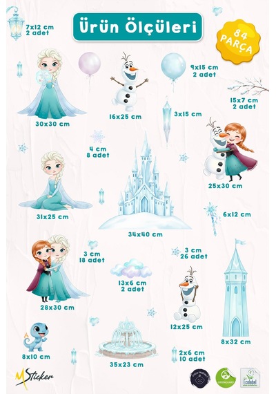 Karlar Ülkesi Temalı Duvar Sticker Seti 84 Parça Elsa, Anna, Olaf Buz Şatosu Çocuk Odası Sticker Dijital Baskı