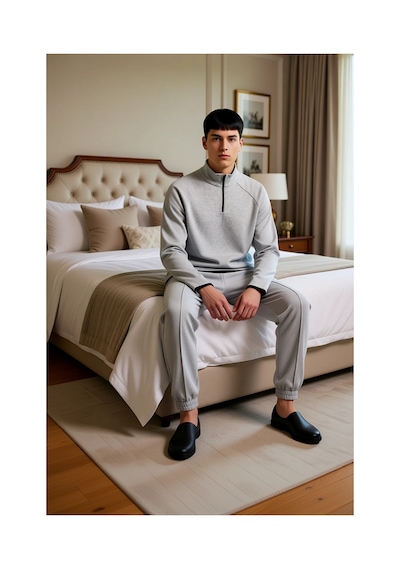 Ersefa Kadin Ottoman Dokulu Fermuarli Sweatshirt Ve Pantolon Ev Giyim Ta gri