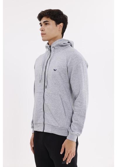 Rowinger Raglan Kol Tam Fermuarlı Kordonlu Kapüşon Kanguru Cepli Süper Koton Rahat Kalıp Kapüşonlu Sweatshirt Grey