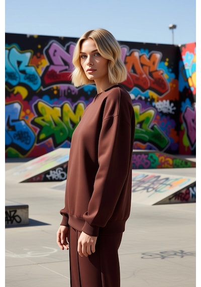 Benerly Kadın Bisiklet Yaka Düşük Kol Oversize Kalın Örme Sweatshirt Fonk Koyu Kahverengi
