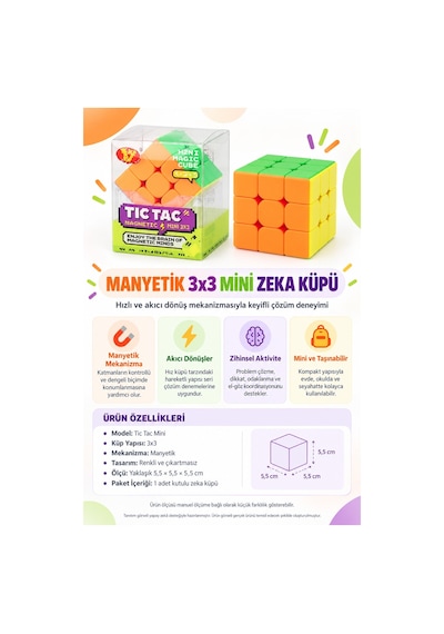 Mini Manyetik Zeka Küpü 3x3 Tic Tac Mini Speed Cube Hız Küpü Akıl Oyunu Yj 5.5 Cm