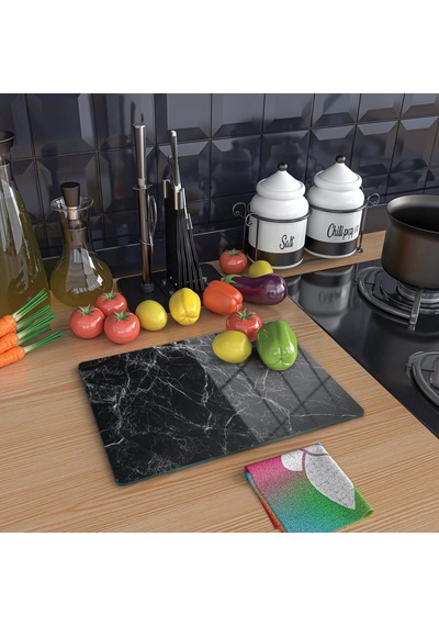 Decovetro Cam Kesme Tahtası Ve Sunumluk Siyah Beyaz Mermer Desenli 25 X 35 Cm Çok Renkli