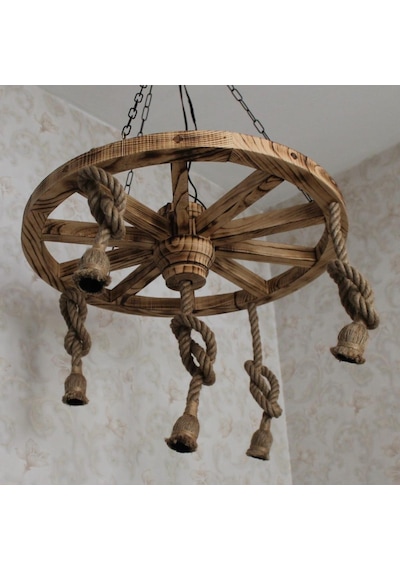Otantik Çarşı Ahşap Halatlı Teker Avize 70 Cm. 5'Li  K02