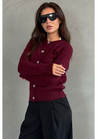 Madmext Bordo Bisiklet Yaka Örgü Desenli Kadın Hırka Mg2899
