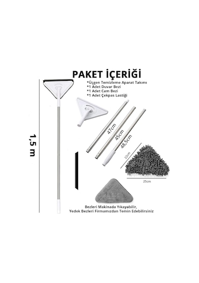 Üçgen Mop Cam Duvar Tavan Fayans Parke Temizleyici Mop Açık Gri