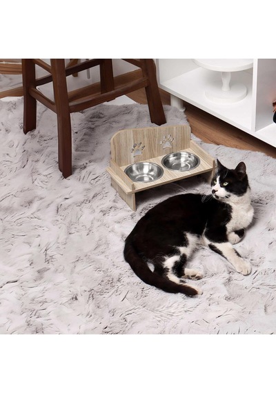Ahşap Ve Metal Çift Hazneli Kedi Ve Köpek Mama Su Kabı İle Paspas Kare