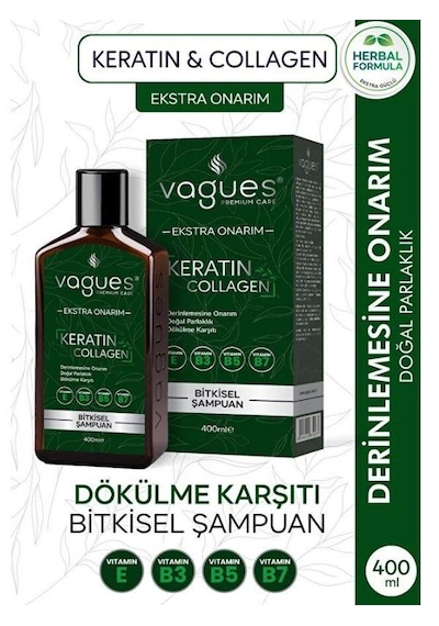 Vagues Keratin Collagen Ekstra Onarım Dökülme Karşıtı Hızlı Uzama Etkili Bitkisel Şampuan 400 Ml Dökülen