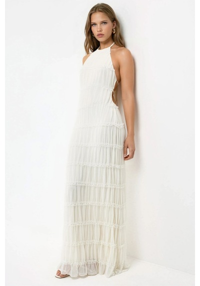 Hiccup Halter Yaka Dokulu Maxi Elbise Beyaz
