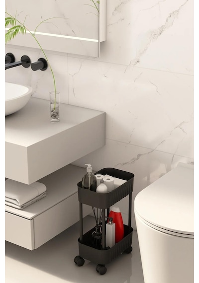 Çok Amaçlı 2 Katlı Banyo Dolabı, Evye Altı Düzenleyici Dolap Içi Tezgah Altı Tekerlekli Organizer - Deterjanlık, Dolap İçi Raf Siyah