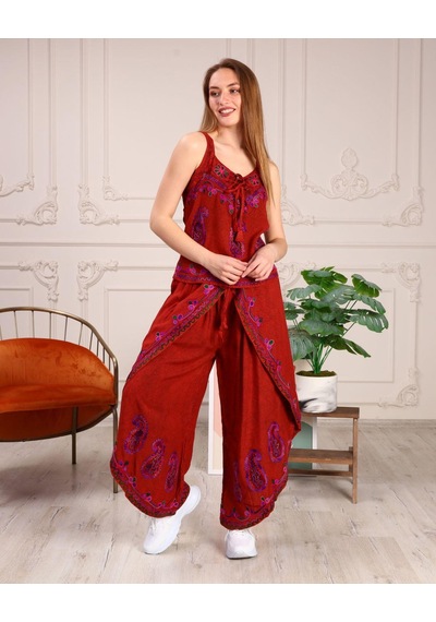 Bohem Stil Otantik Nakış İşlemeli Harem Şalvar Pantolon Buluz Takım-8816 Kiremit