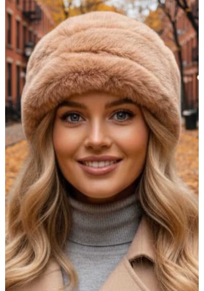 Uniquetrenders Kadın Kışlık Vegan Kürk Peluş Kalpak Şapka Camel