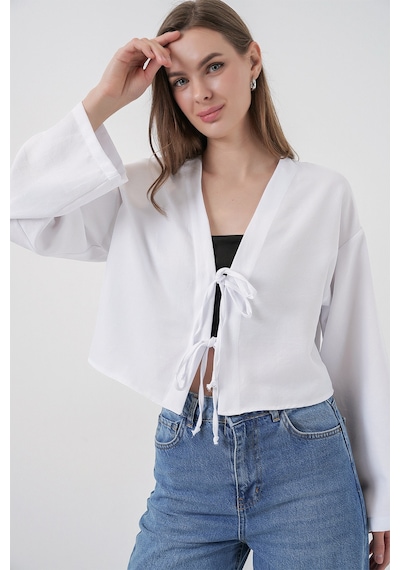 Bigdart Önü Bağlamalı Keten Kimono 960 - Beyaz