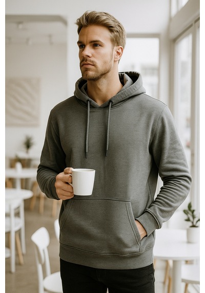 Rich Erkek Füme Pamuklu Cep Detaylı Kapüşonlu Sweatshirt Füme