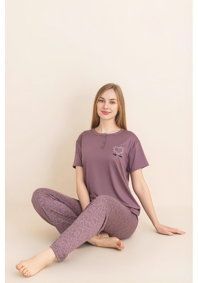 Enisena Kadın Pijama Takımı-menekşe Kumaş-3 Düğmeli-yaka Baskılı-12606sf Pudra