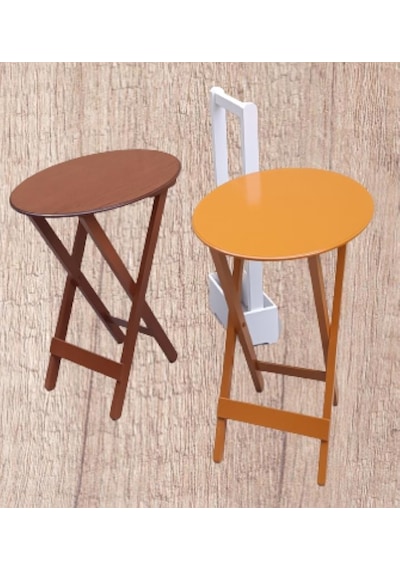 Çanta Zigon Sehpa Oval Model İkili Takım Ahşap Mdf Hardal Ve Ceviz Renk Uyumu El Yapımı