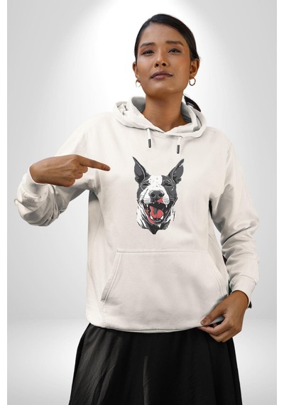 Doberman Kırmızı Dil Siyah Dik Kulak Kadın Erkek Beyaz Kapüşonlu Sweatshirt Hoodie Beyaz