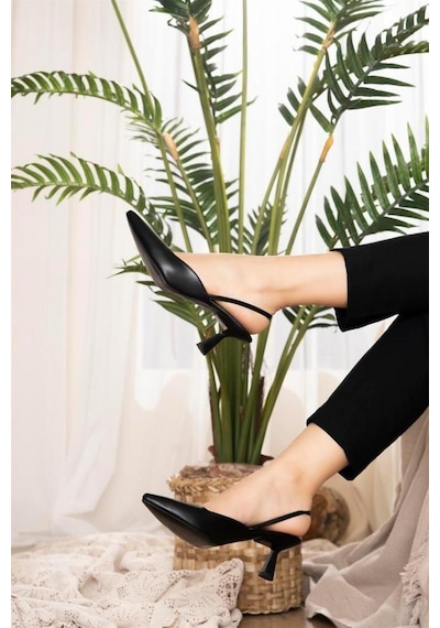 Aycan Shoes Siyah Kadın Arkası Açık Lastik Bantlı Topuklu Stiletto Linda 001