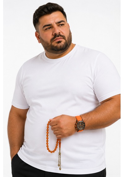 Yuvarlak Yaka Erkek Battal Düz Renk Pamuklu Basic Tshirt Beyaz