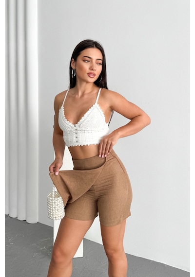 HLT Jeans Kahverengi Kadın Slim Yandan Fermuarlı Yüksek Bel Kısa Keten Şort Etek Mia-4555 Kahverengi