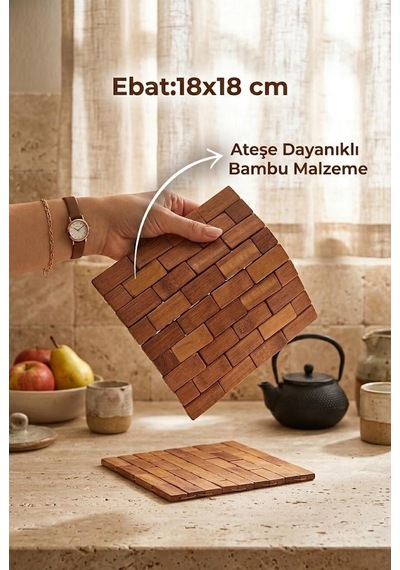 Atbyhome 2'li Isıya Dayanıklı Doğal Bambu Nihale Seti 18x18 Cm - Sıcak Tencere Çaydanlık Tava Altlığı