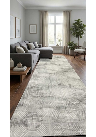 Nesrin Jel Taban Kaymaz Modern Gri Kendinden Desen Kesme Hali Yolluk