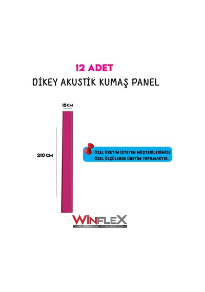 Akustik Kumaş Kaplı Dikey Panel 15x210cm - 12 Adet Fuşya Renk