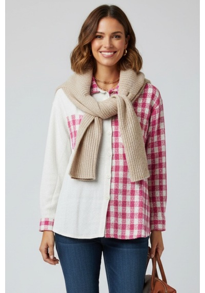 Kadın Pembe Oversize Fit Ekoseli Desenli Uzun Kollu %100 Pamuk Gömlek, Ceket, Kadın Oduncu Gömlek Pembe