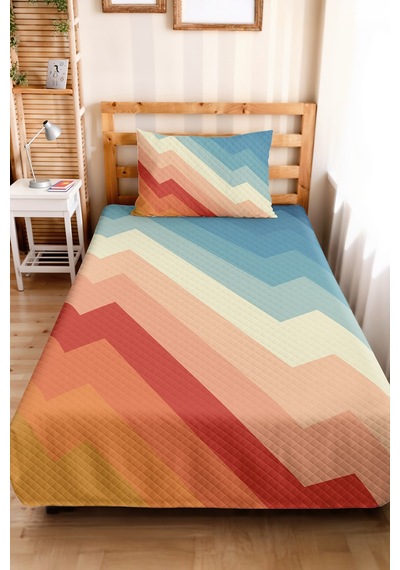 Geometrik Mavi Pastel Genç Odası Tek Kişilik Pike Takımı - Zigzag Turuncu 160x220 Cm Yatak Örtüsü Kabuğu Gölge Tonu