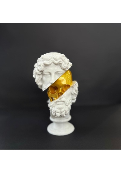Kafatası Detaylı Büst Heykel Beyaz Gold 25 Cm Masa Salon Aksesuarı -
